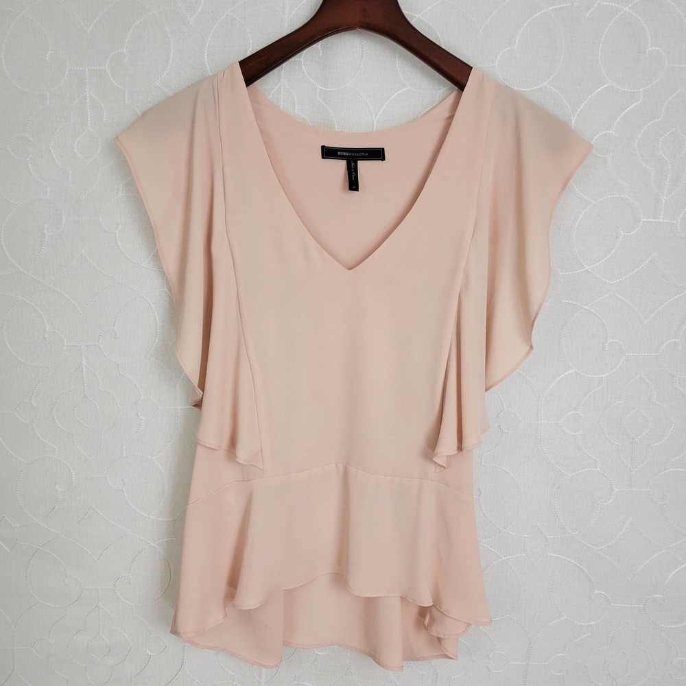 BCBG Max Azaria Pink Ruffle Venus Neck Sleeveless Blouse Size Medium